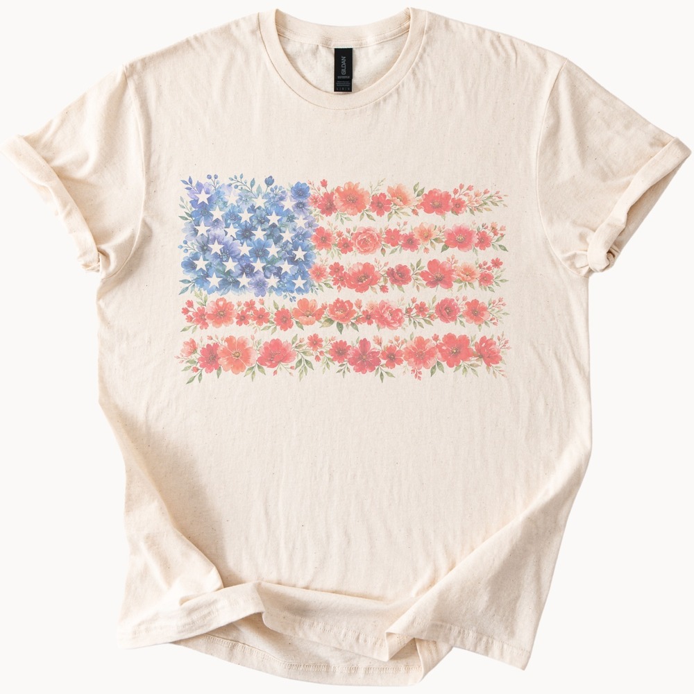 Floral American Flag Graphic Tee Patriotic Watercolor Art
